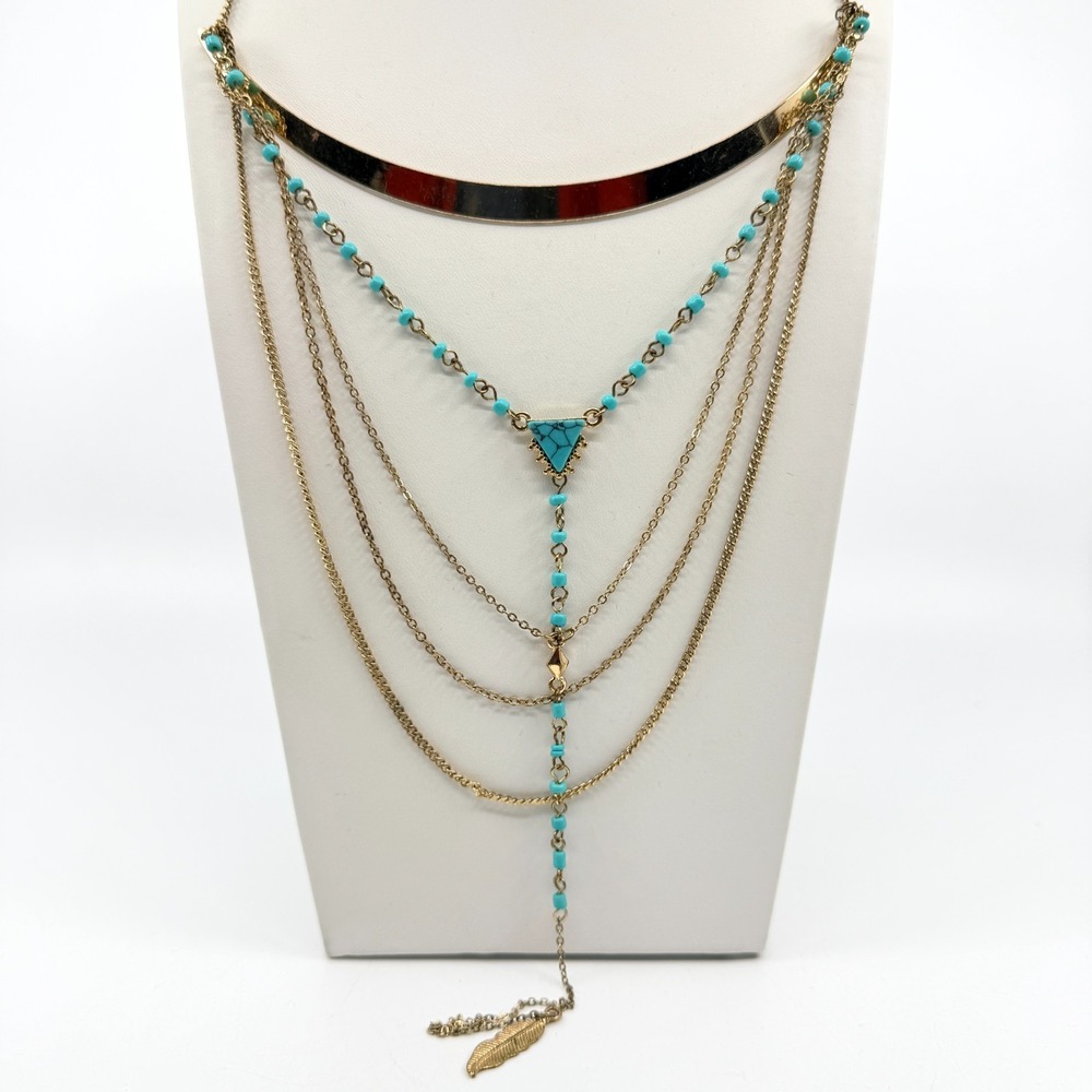 Vintage Boho Gold Tone Multi Strand Choker Faux Turquoise Stone Leaf Y-Necklace